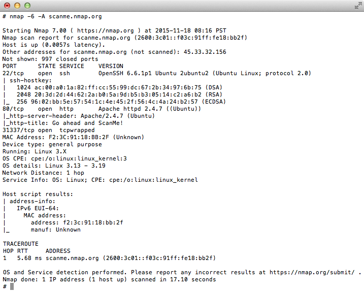 Screenshot of OS X terminal window running 'nmap -6 -A scanme.nmap.org'