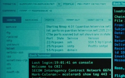 UMIT (now Zenmap) screen shown behind several Bash terminals