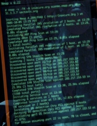 Close-up of Nmap being used to scan insecure.org, scanme.nmap.org, and sectools.org with the -A option